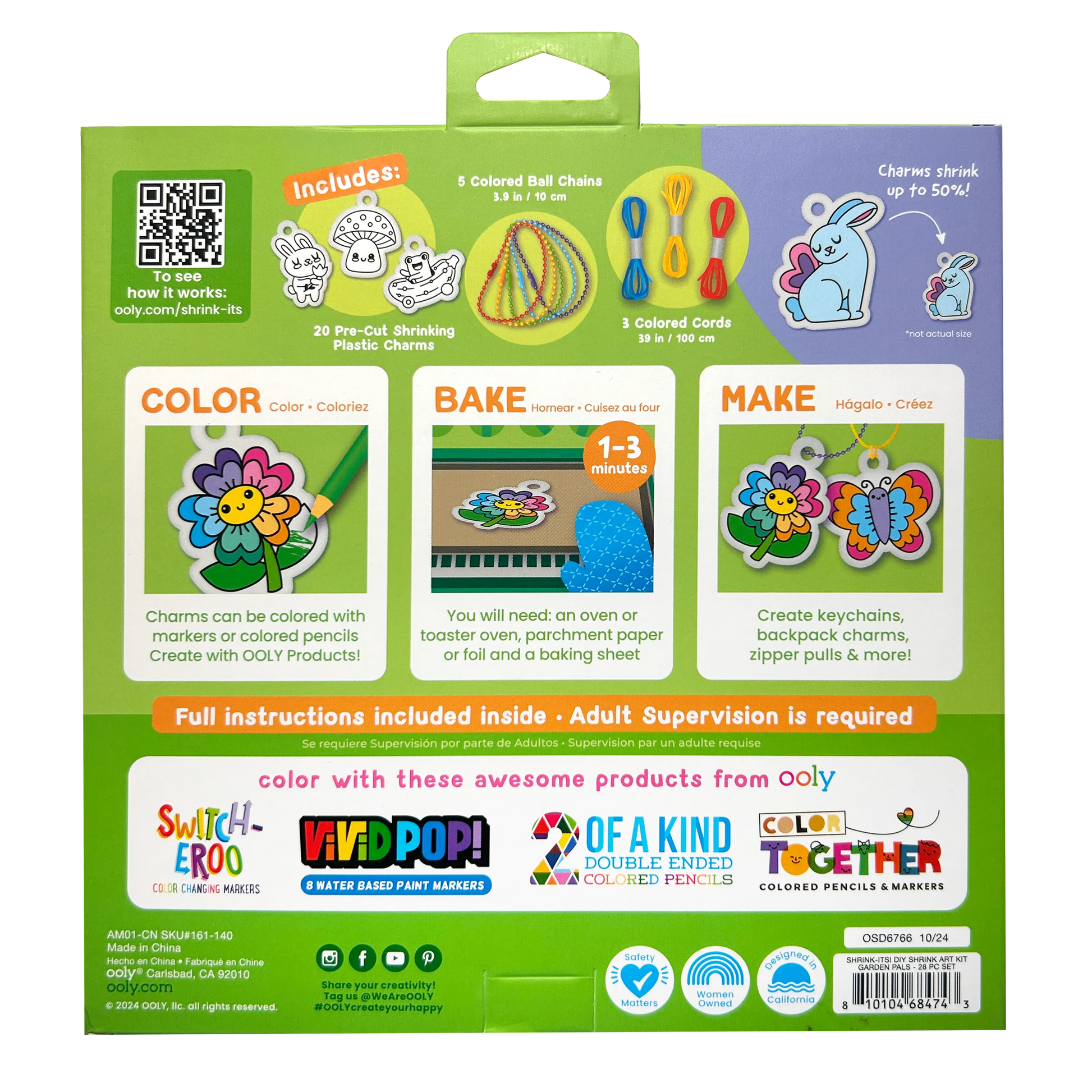 Back of packaging of OOLY Shrink-its! DIY Shrink Art Kit - Garden Pals