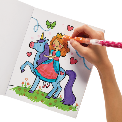 Coloring a princess on a unicorn in a coloring book using Stampables Double-Ended Stamp & Brush Markers
