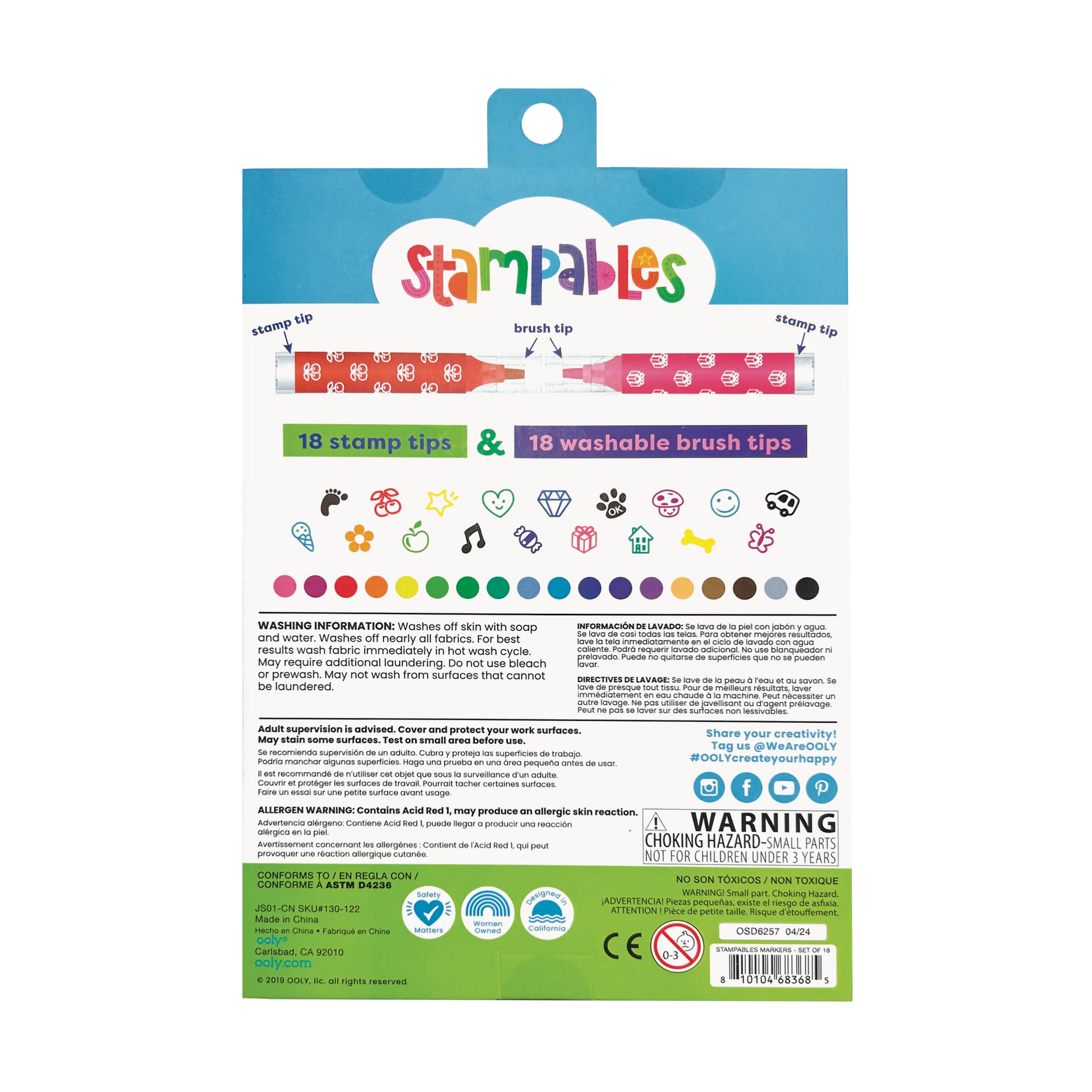 Back of packaging of Stampables Double-Ended Stamp & Brush Markers