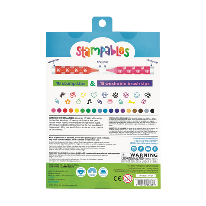 Back of packaging of Stampables Double-Ended Stamp & Brush Markers