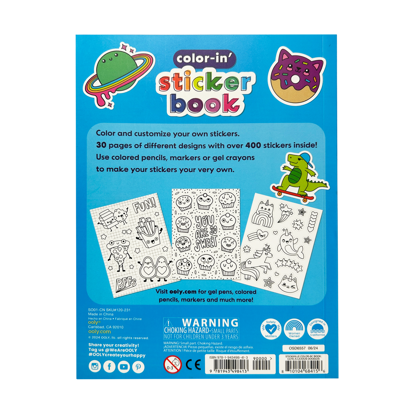 Back cover of Stickiville Color-In Sticker Book: Cute-A-Licious Doodles