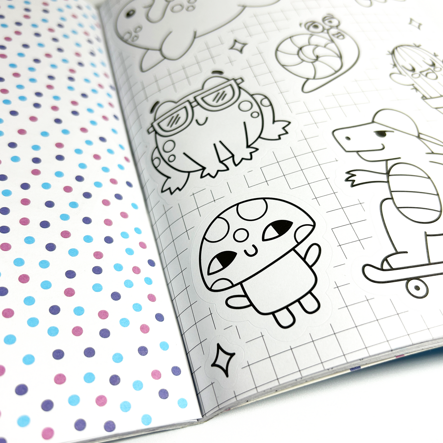 Close up of uncolored mushroom from Stickiville Color-In Sticker Book: Cute-A-Licious Doodles