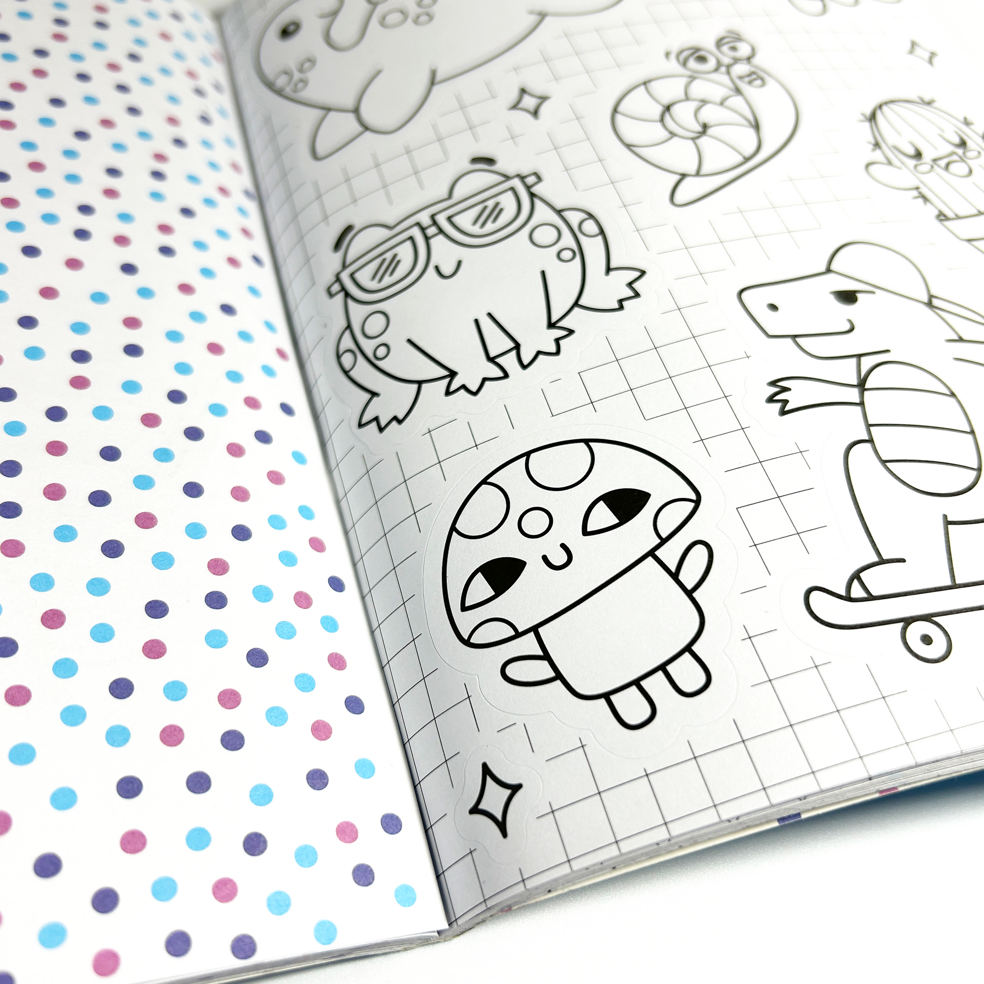 Close up of uncolored mushroom from Stickiville Color-In Sticker Book: Cute-A-Licious Doodles
