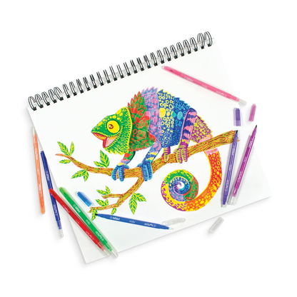 Drawing of a colorful chameleon in a sketchbook with Switch-Eroo Color Changing Markers around it