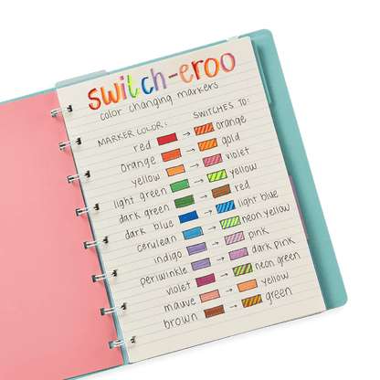 Pink and blue planner made with OOLY Switch-Eroo color changing markers with colored swatches