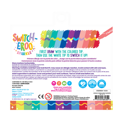 Back of packaging of set of OOLY Switch-Eroo Sparkle Glittery Color Changing Markers