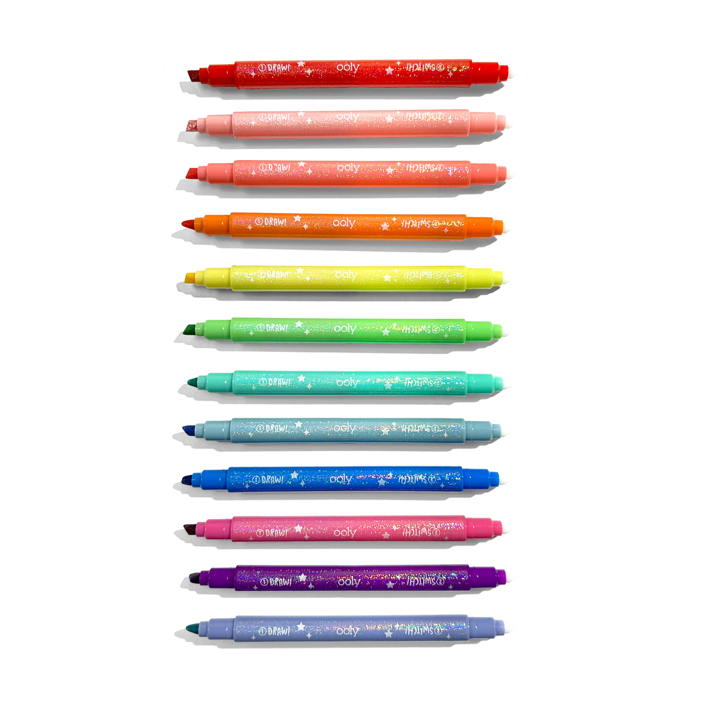 Row of uncapped markers from OOLY Switch-Eroo Sparkle Glittery Color Changing Markers
