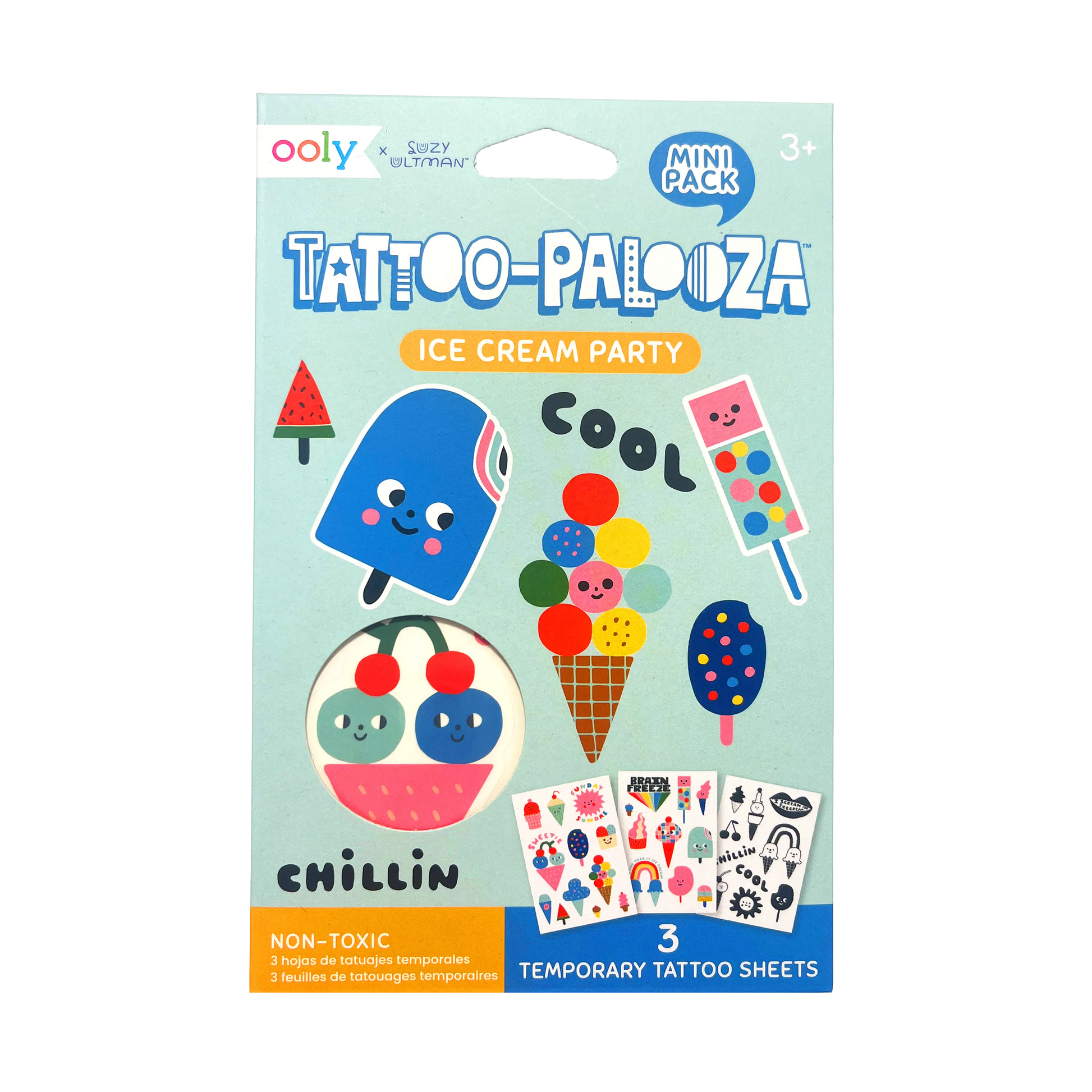 OOLY Tattoo-Palooza x Suzy Ultman: Temporary Tattoos Mini Pack - Ice Cream Party front of packaging