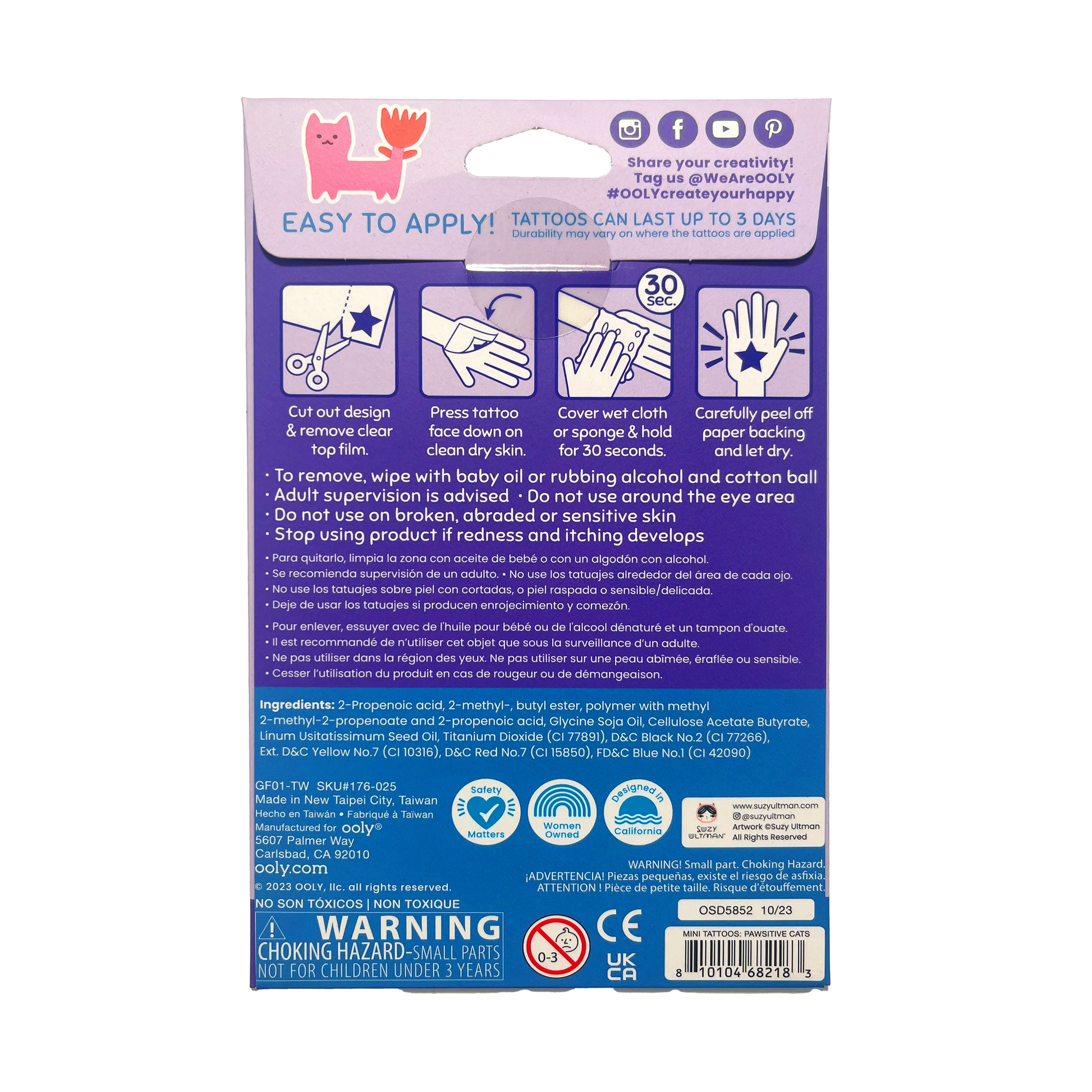 OOLY Tattoo-Palooza x Suzy Ultman: Temporary Tattoos Mini Pack - Pawsitive Cats packaging back