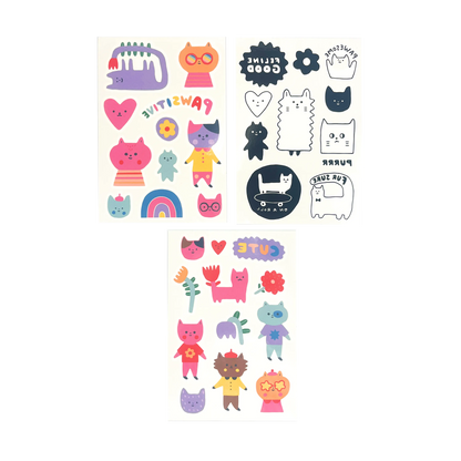 3 sheets of Tattoo-Palooza x Suzy Ultman: Temporary Tattoos Mini Pack - Pawsitive Cats