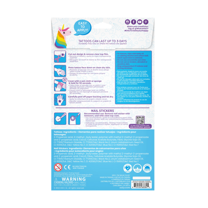 Back of packaging of OOLY Tattoo-Palooza Temporary Tattoos & Nail Stickers - Unicorns & Rainbows