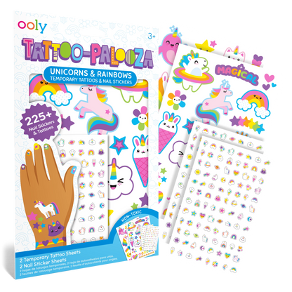 Packaging and sticker sheets from OOLY Tattoo-Palooza Temporary Tattoos & Nail Stickers - Unicorns & Rainbows