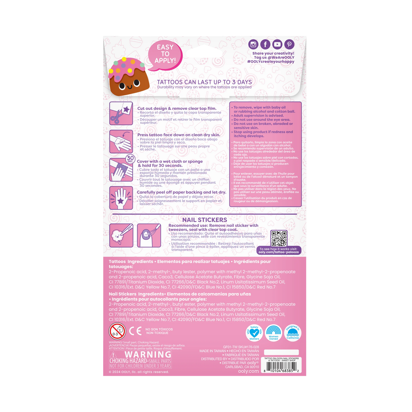 Back of packaging of OOLY Tattoo-Palooza Temporary Tattoos & Nail Stickers - Sweet Shop
