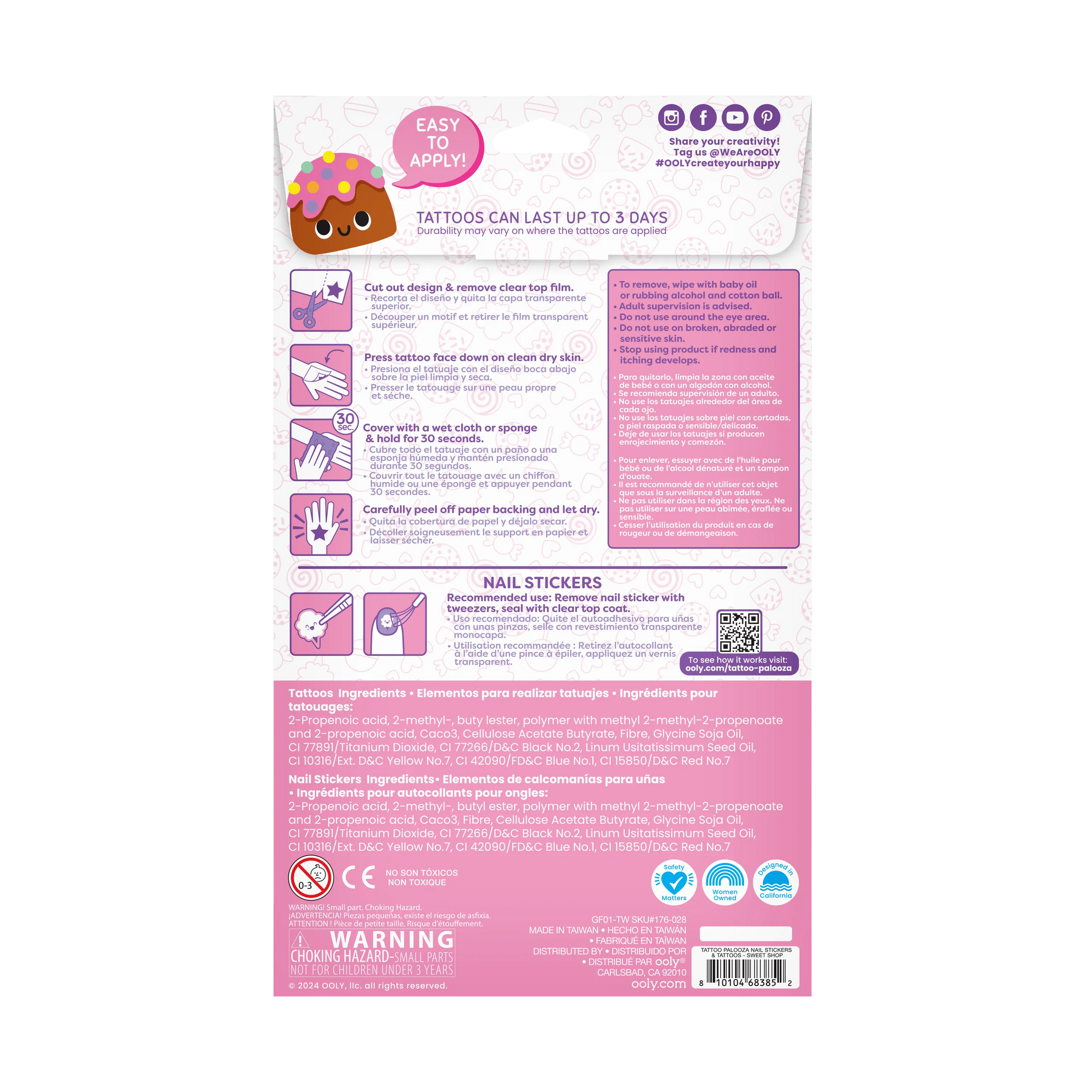 Back of packaging of OOLY Tattoo-Palooza Temporary Tattoos & Nail Stickers - Sweet Shop