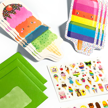 Close up of contents from OOLY Tiny Tadas! Note Cards and Sticker Set - Sweet Treats