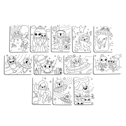 Uncolored coloring cards from OOLY Undercover Art Hidden Pattern Coloring Activity Art Cards - Monster Aliens