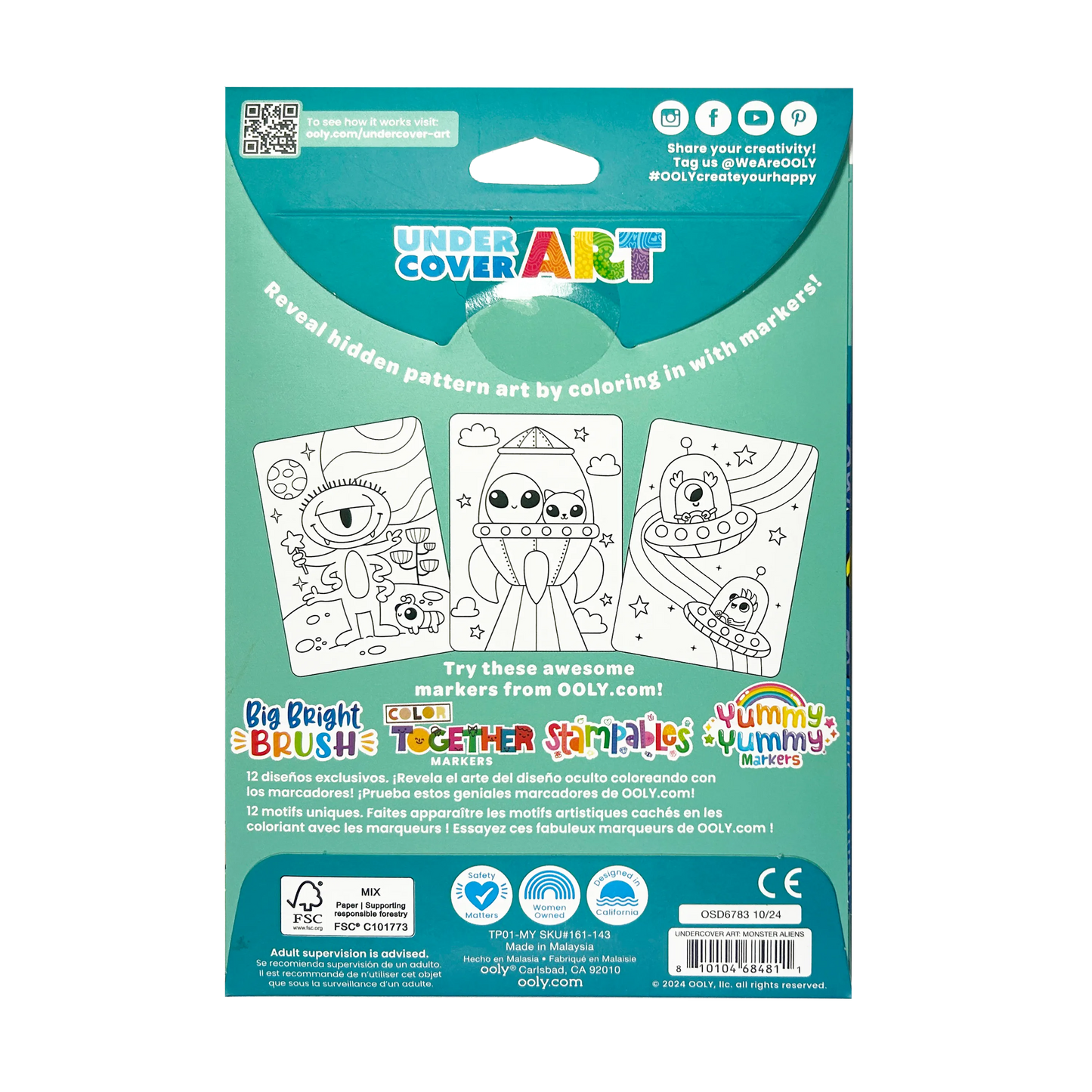 Back of packaging of OOLY Undercover Art Hidden Pattern Coloring Activity Art Cards - Monster Aliens