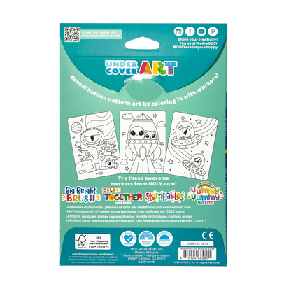 Back of packaging of OOLY Undercover Art Hidden Pattern Coloring Activity Art Cards - Monster Aliens