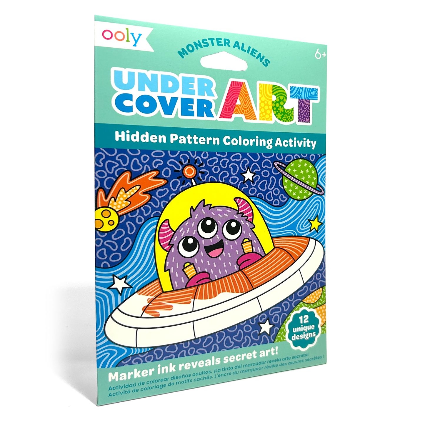 Quarter angle of packaging OOLY Undercover Art Hidden Pattern Coloring Activity Art Cards - Monster Aliens