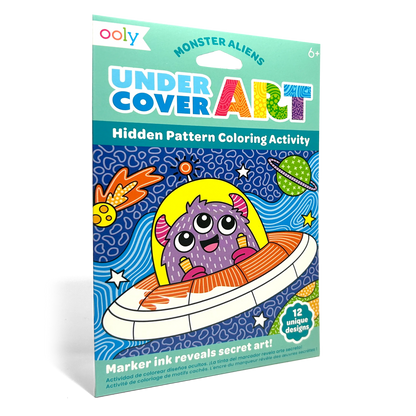 Quarter angle of packaging OOLY Undercover Art Hidden Pattern Coloring Activity Art Cards - Monster Aliens