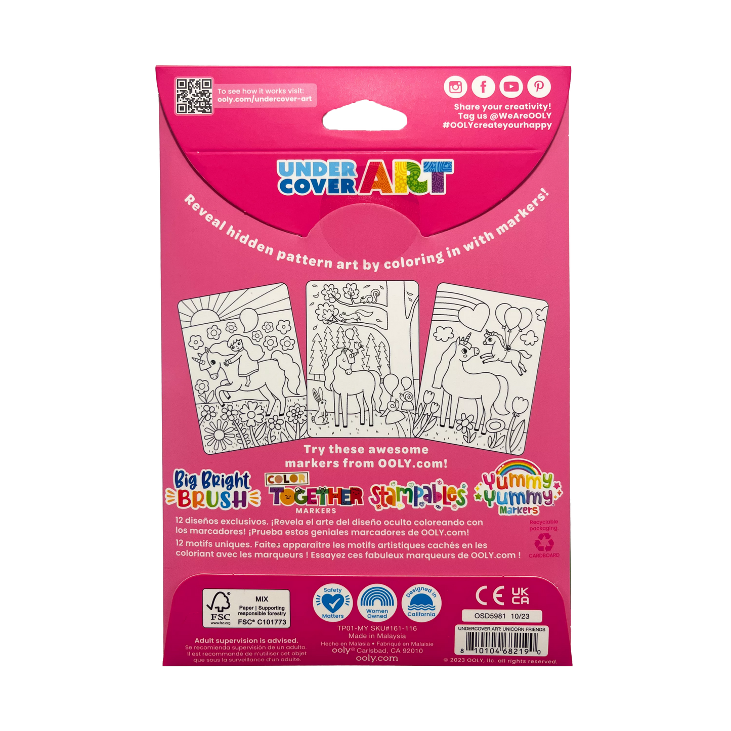 OOLY Undercover Art Hidden Pattern Coloring Activity Art Cards - Unicorn Friends back of packaging