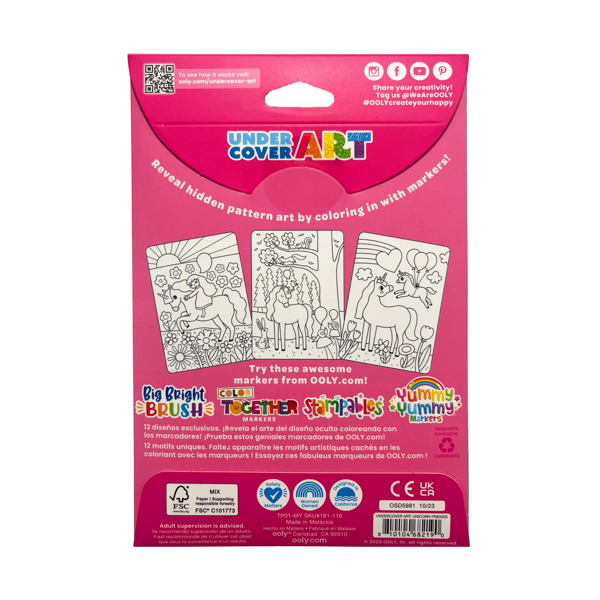 OOLY Undercover Art Hidden Pattern Coloring Activity Art Cards - Unicorn Friends back of packaging