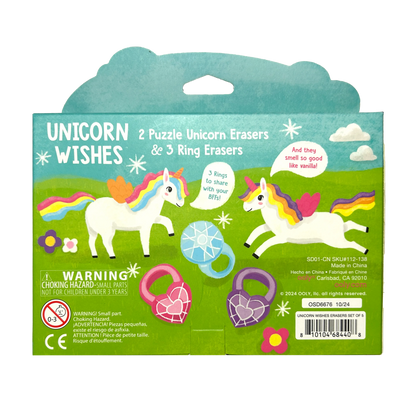 Back of packaging of OOLY Unicorn Wishes Scented Puzzle Erasers