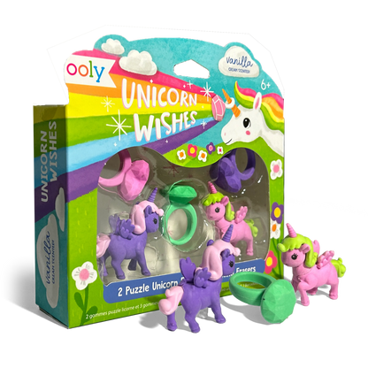 Quarter angle of OOLY Unicorn Wishes Scented Puzzle Erasers in packaging