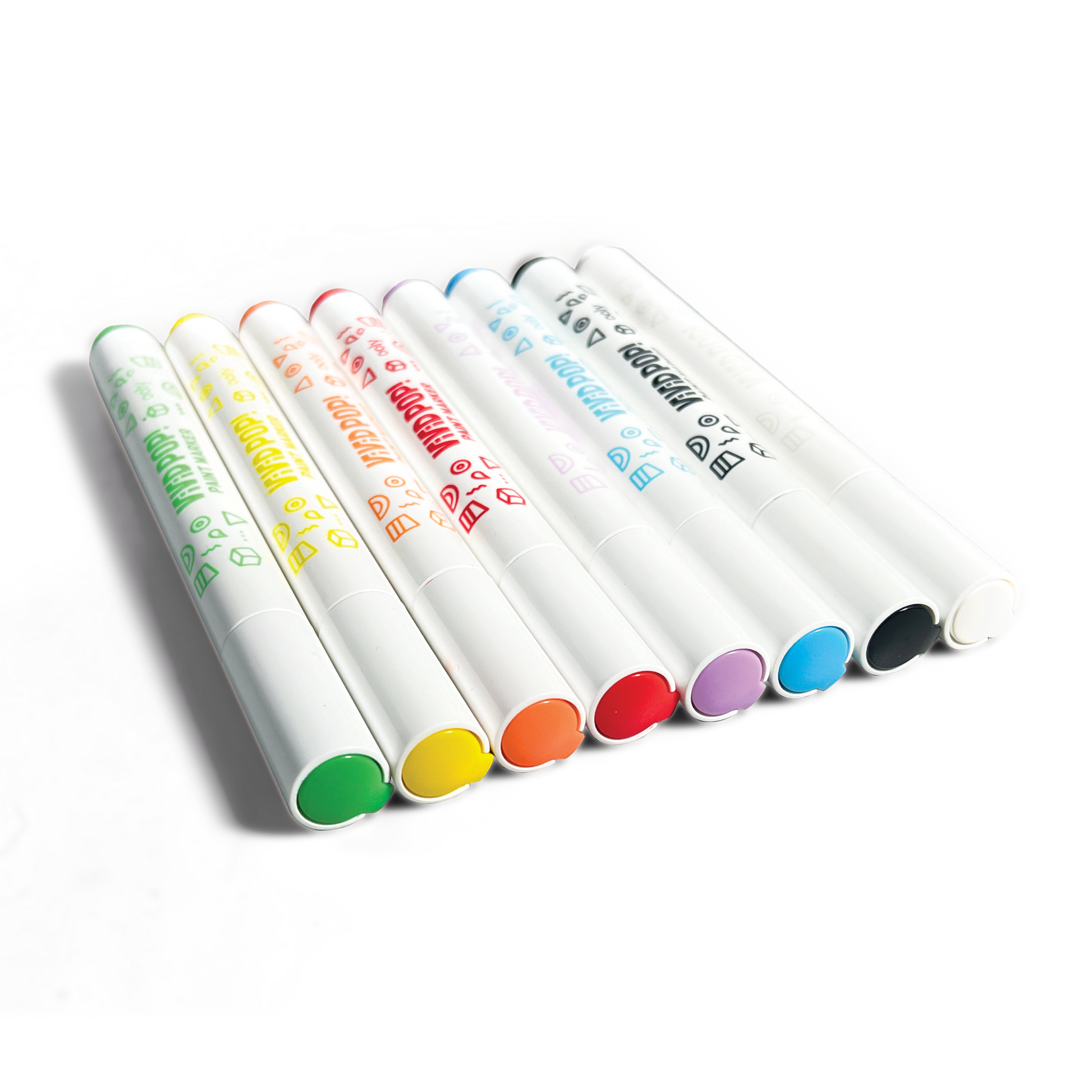 Row of OOLY Vivid Pop! Water Based Paint Markers closed caps at an angle