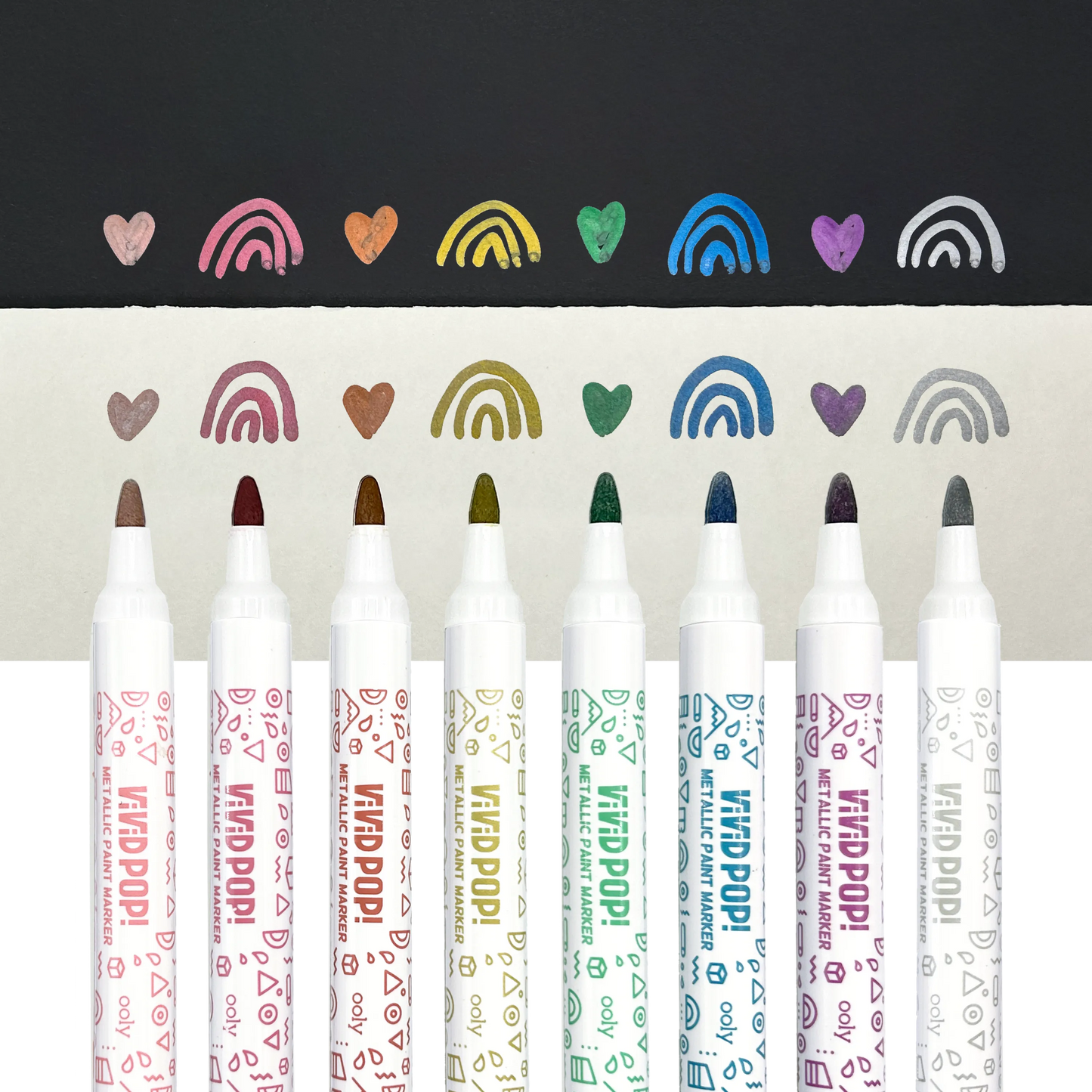 Row of OOLY Metallic Vivid Pop! Water Based Paint Markers with swatches on white and black paper