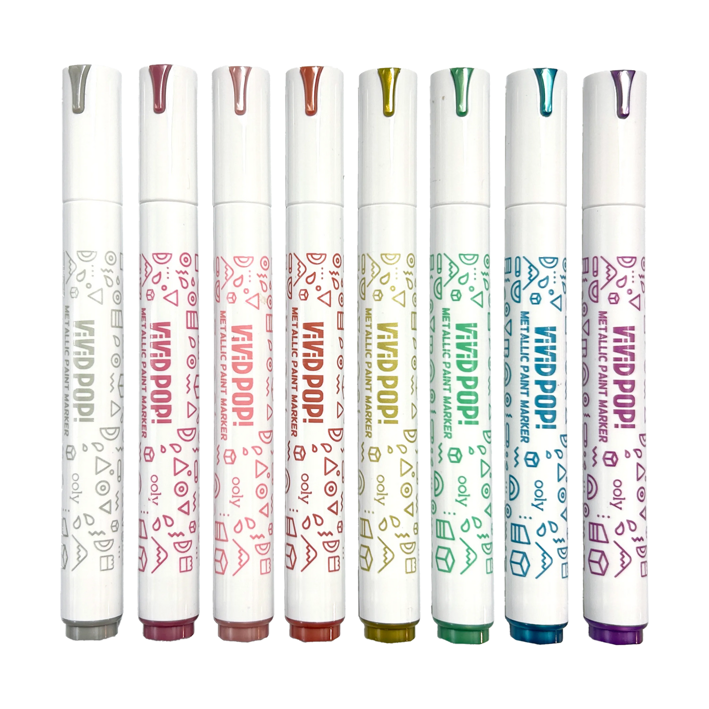 Row of capped OOLY Vivid Pop! Water Based Paint Markers - Metallic