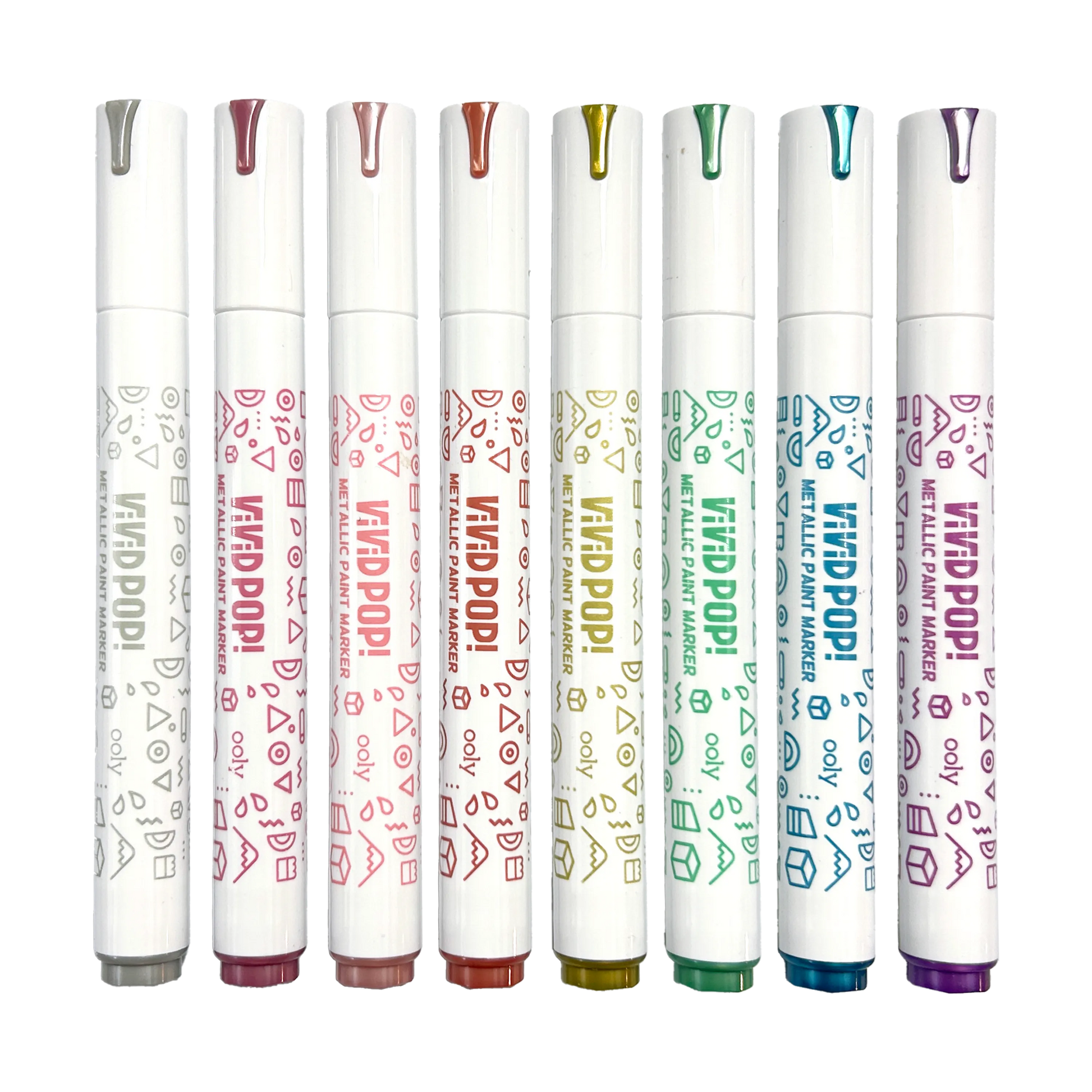 Row of capped OOLY Vivid Pop! Water Based Paint Markers - Metallic