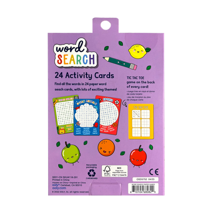 Back of packaging of OOLY Word Search Activity Cards