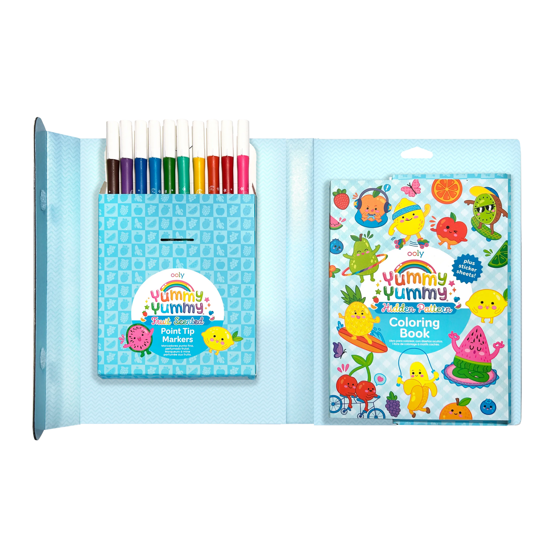 Opened kit showing marker set and coloring book from OOLY Yummy Yummy Scented Coloring Kit - Markers Stickers Coloring Book