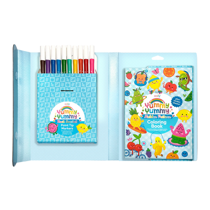 Opened kit showing marker set and coloring book from OOLY Yummy Yummy Scented Coloring Kit - Markers Stickers Coloring Book