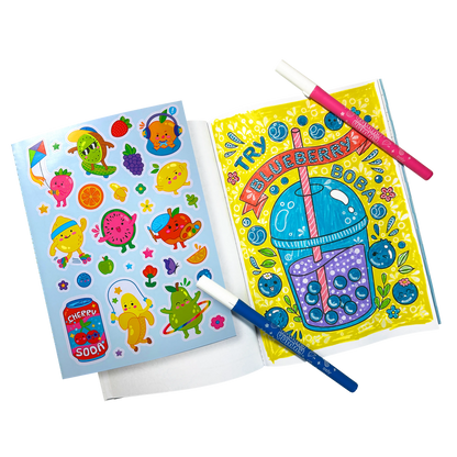 Open coloring book and sticker sheet with to markers from OOLY Yummy Yummy Scented Coloring Kit - Markers Stickers Coloring Book