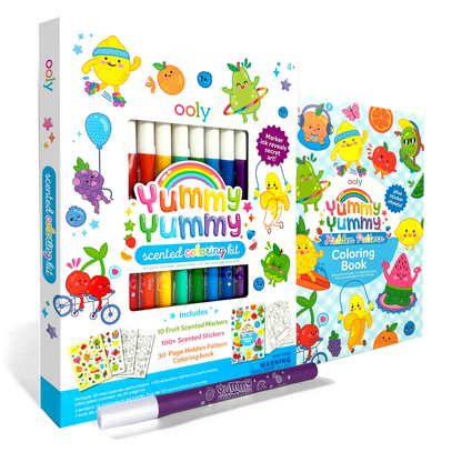 Quarter angle of packaging and book of OOLY Yummy Yummy Scented Coloring Kit - Markers Stickers Coloring Book