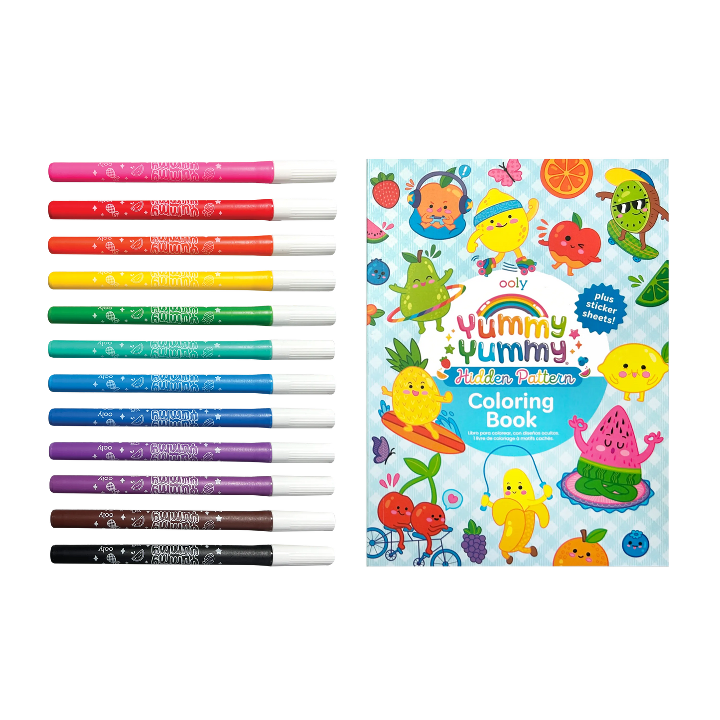 Row of markers and closed coloring book from OOLY Yummy Yummy Scented Coloring Kit - Markers Stickers Coloring Book