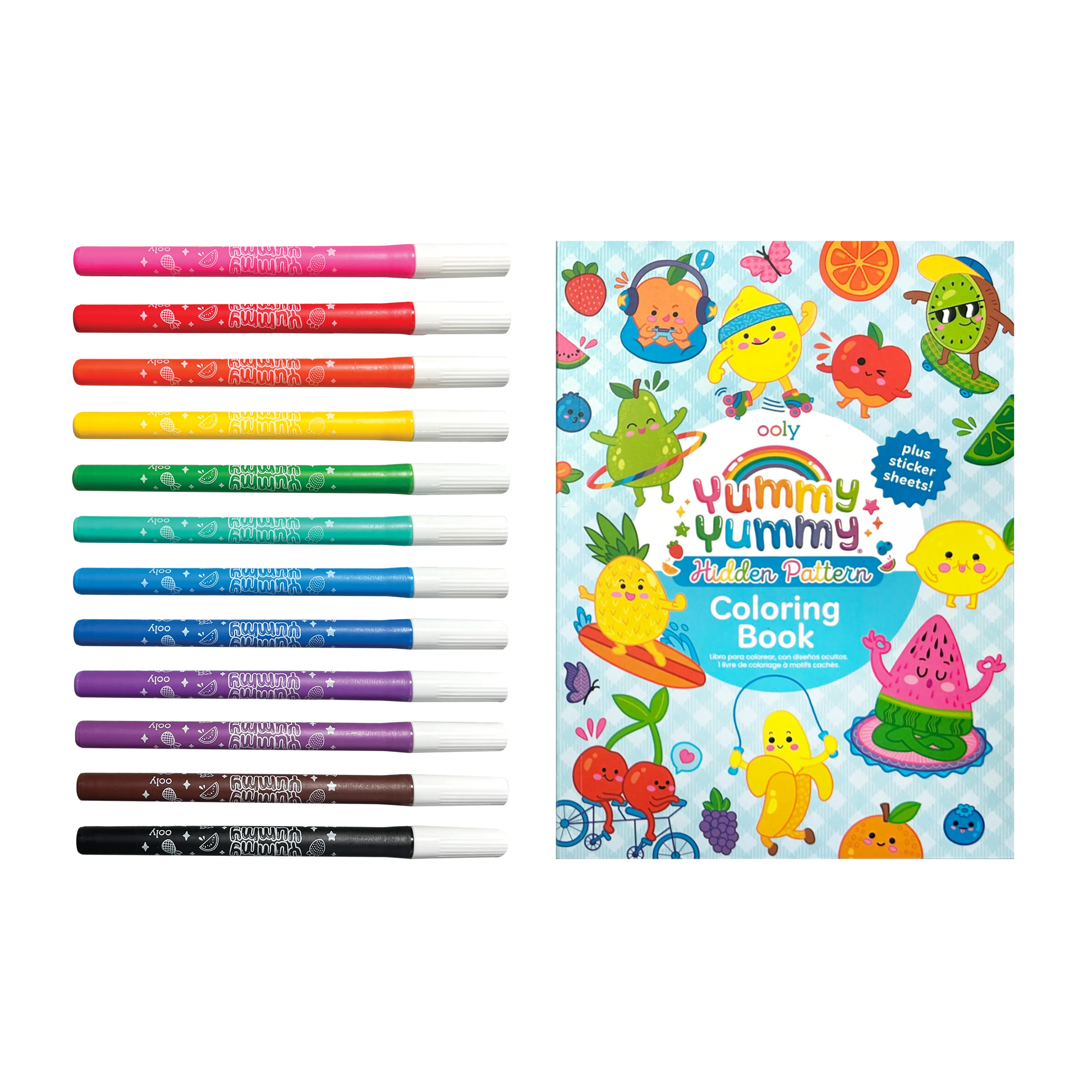 Row of markers and closed coloring book from OOLY Yummy Yummy Scented Coloring Kit - Markers Stickers Coloring Book