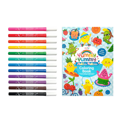 Row of markers and closed coloring book from OOLY Yummy Yummy Scented Coloring Kit - Markers Stickers Coloring Book