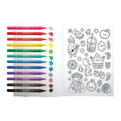Row of markers with colored swatches and open book of coloring stickers from OOLY Yummy Yummy Scented Coloring Kit - Markers Stickers Coloring Book