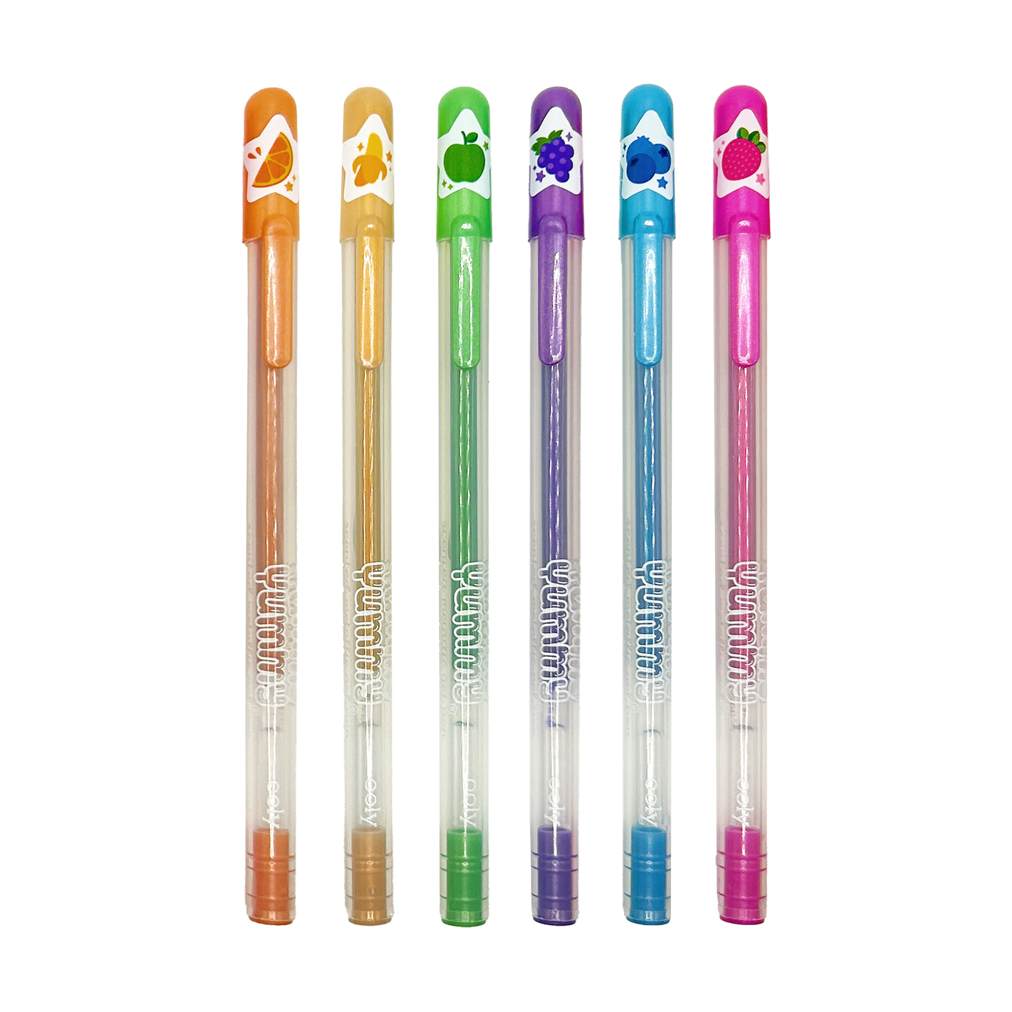 Row of six OOLY Yummy Yummy Metallic Scented Gel Pens