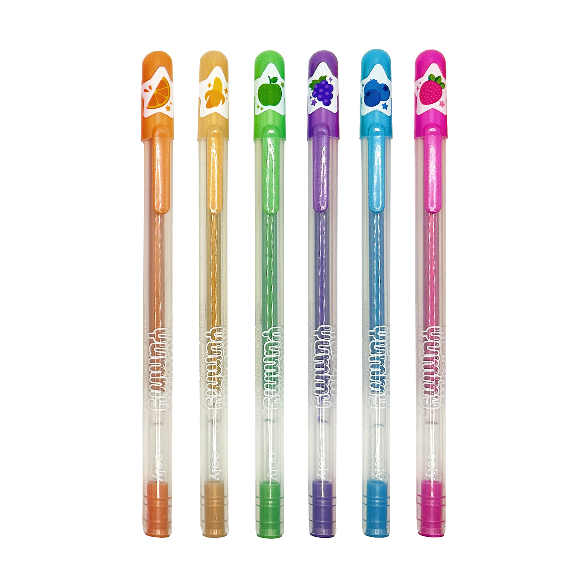 Row of six OOLY Yummy Yummy Metallic Scented Gel Pens