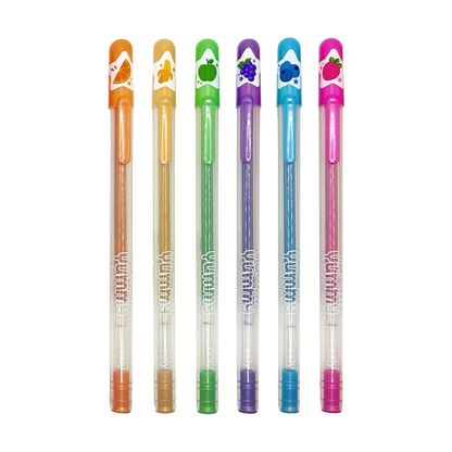 Row of six OOLY Yummy Yummy Metallic Scented Gel Pens