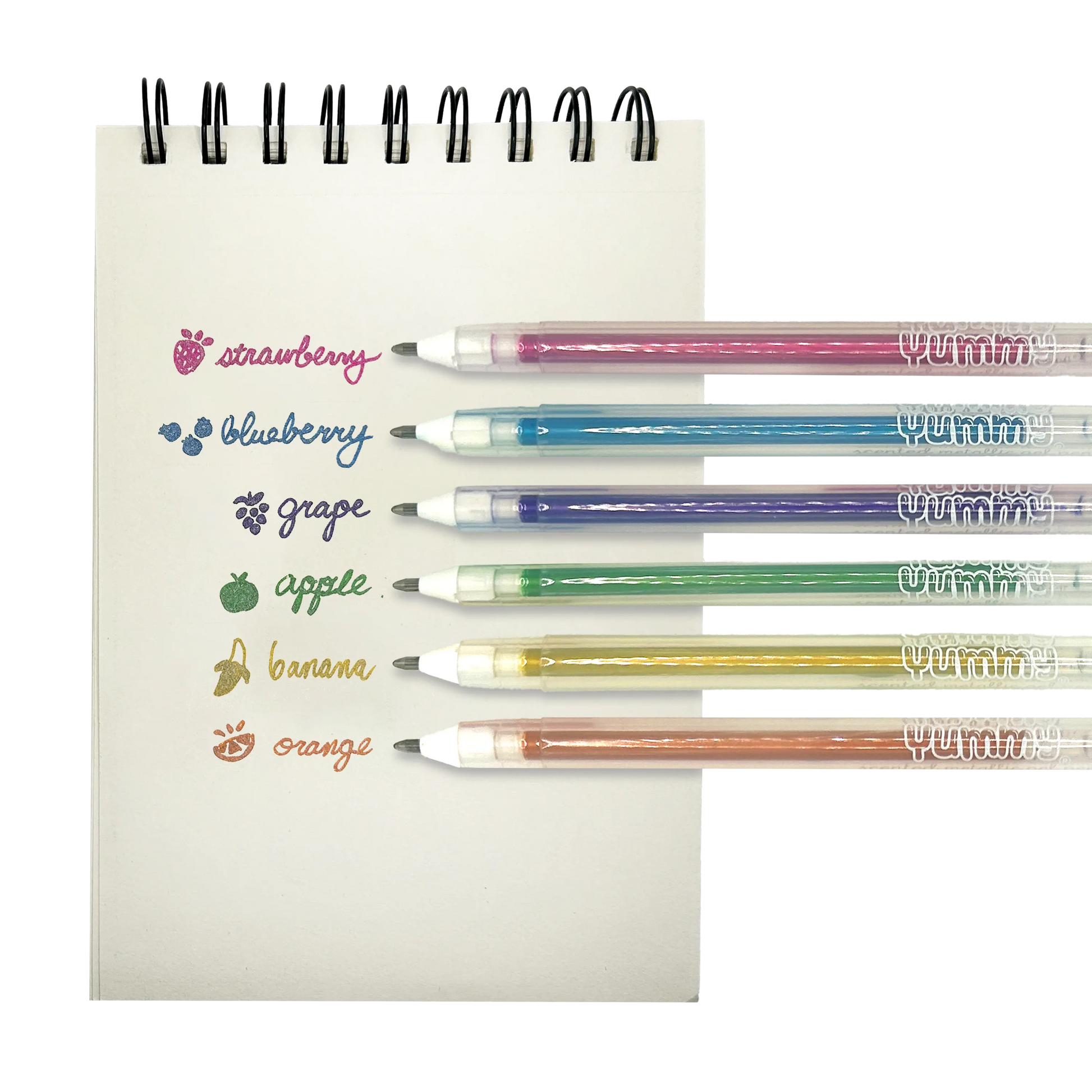 White paper pad with fruit scented watches with OOLY Yummy Yummy Metallic Scented Gel Pens