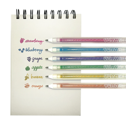 White paper pad with fruit scented watches with OOLY Yummy Yummy Metallic Scented Gel Pens