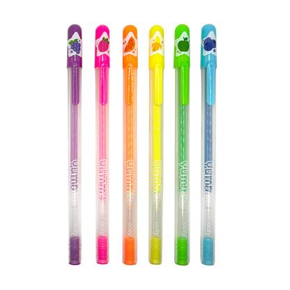 Row of six OOLY Yummy Yummy Neon Scented Gel Pens