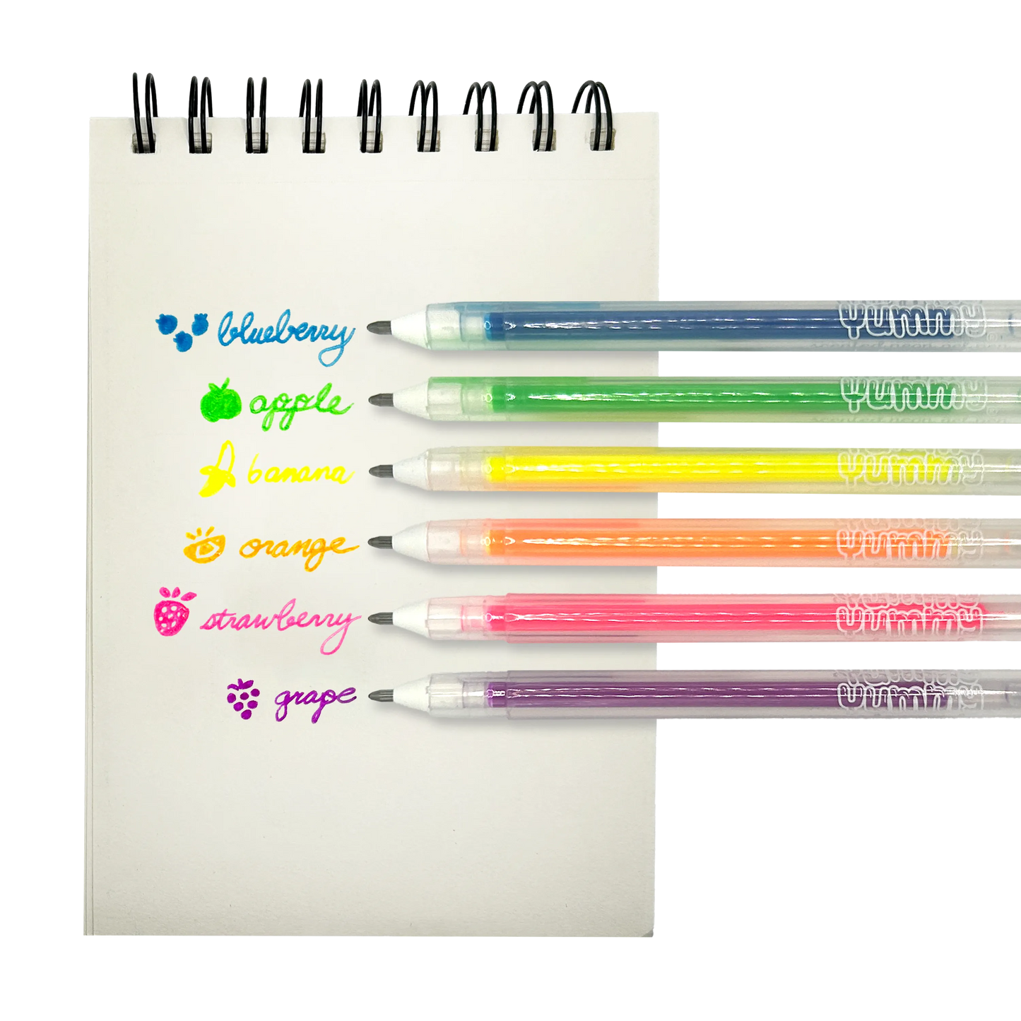 White paper pad with fruit scented watches with OOLY Yummy Yummy Neon Scented Gel Pens