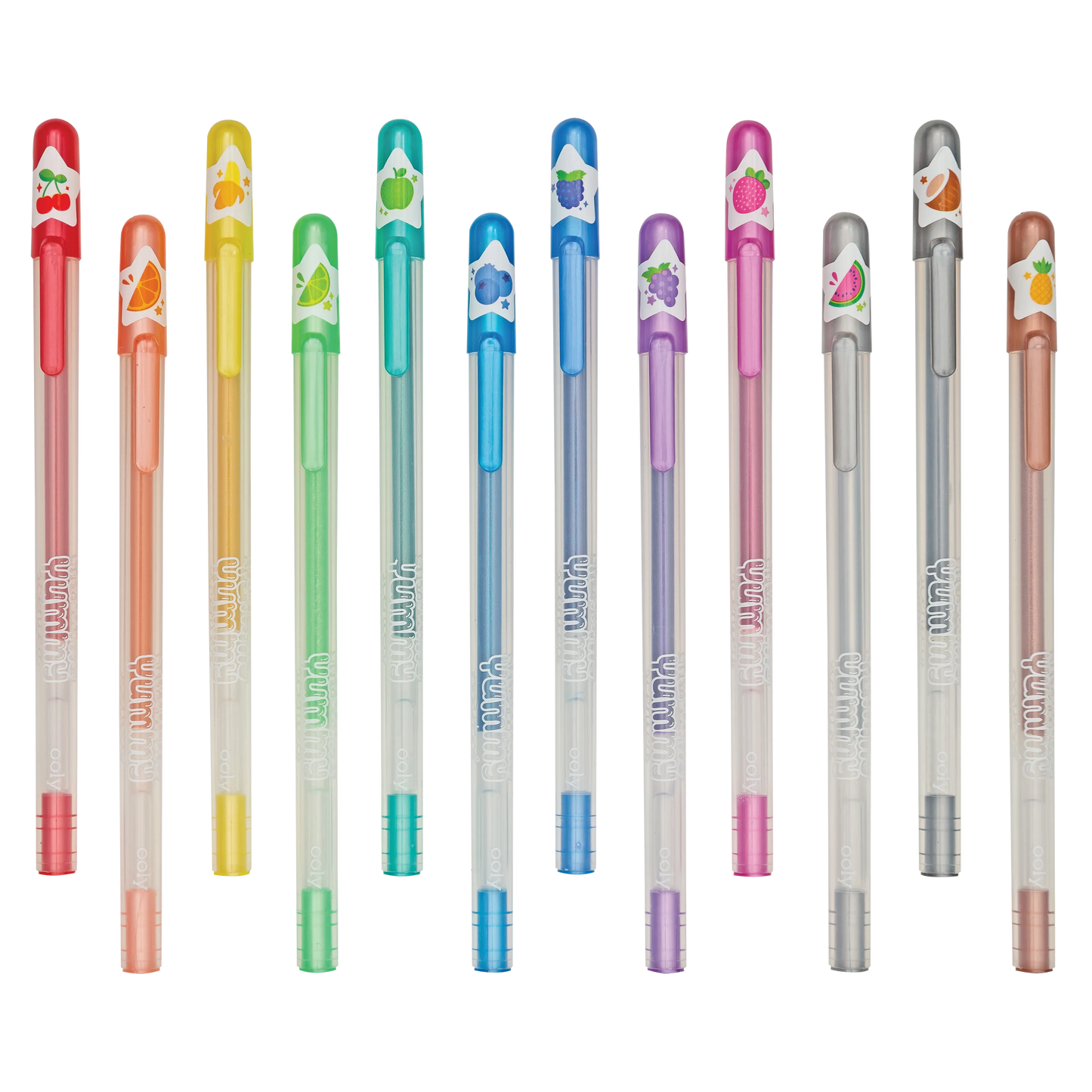 Staggered row of capped OOLY Yummy Yummy Scented Glitter Gel Pens