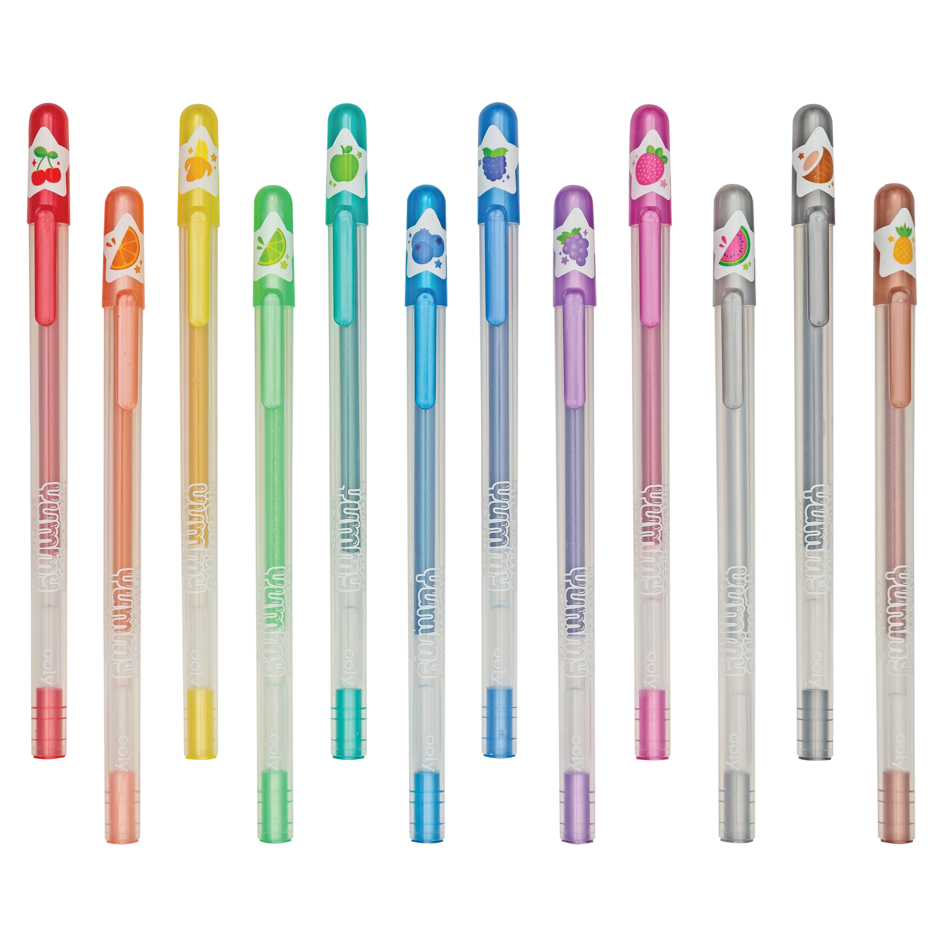 Staggered row of capped OOLY Yummy Yummy Scented Glitter Gel Pens